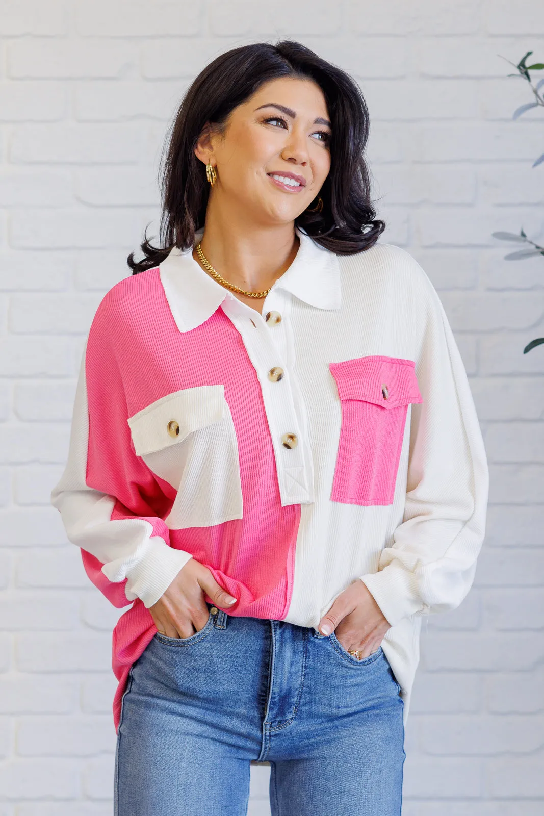 Chip Off the Old Colorblock V-Neck Henley in Pink sold by Charming Charlie