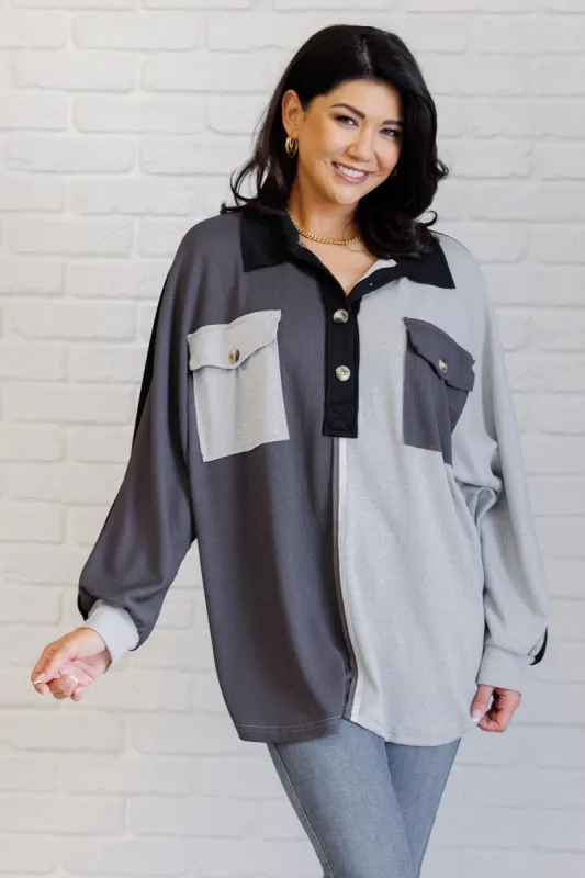 Chip Off the Old Colorblock V-Neck Henley in Grey sold by Charming Charlie