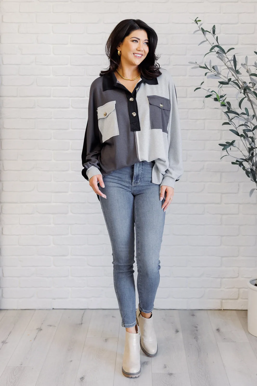 Chip Off the Old Colorblock V-Neck Henley in Grey sold by Charming Charlie product image thumbnail 2