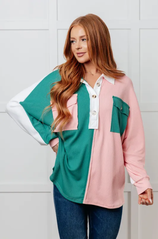 Chip Off the Old Colorblock V-Neck Henley in Green sold by Charming Charlie