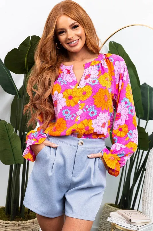 Floral Print Flounce Sleeve Notched Neck Blouse sold by Charming Charlie product image thumbnail 5