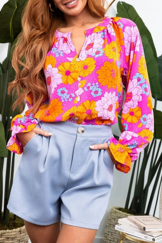 Floral Print Flounce Sleeve Notched Neck Blouse sold by Charming Charlie product image thumbnail 3