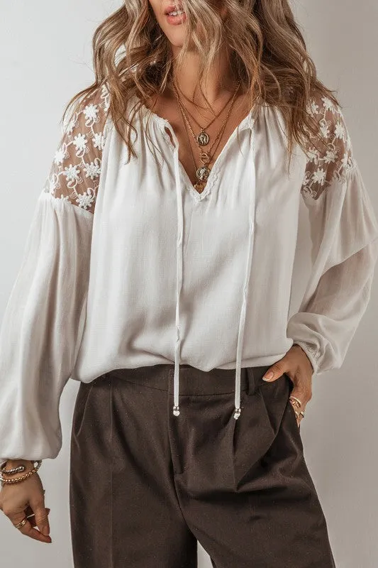 Floral Lace Patchwork Lantern Sleeve V Neck Blouse sold by Charming Charlie product image thumbnail 4