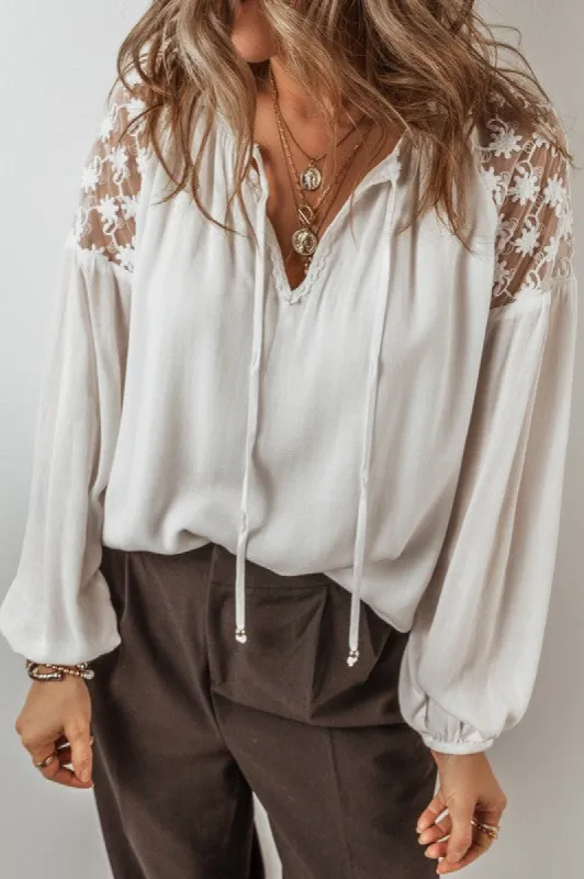 Floral Lace Patchwork Lantern Sleeve V Neck Blouse sold by Charming Charlie