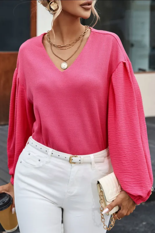 Waffle-Knit V-Neck Long Sleeve Blouse sold by Charming Charlie