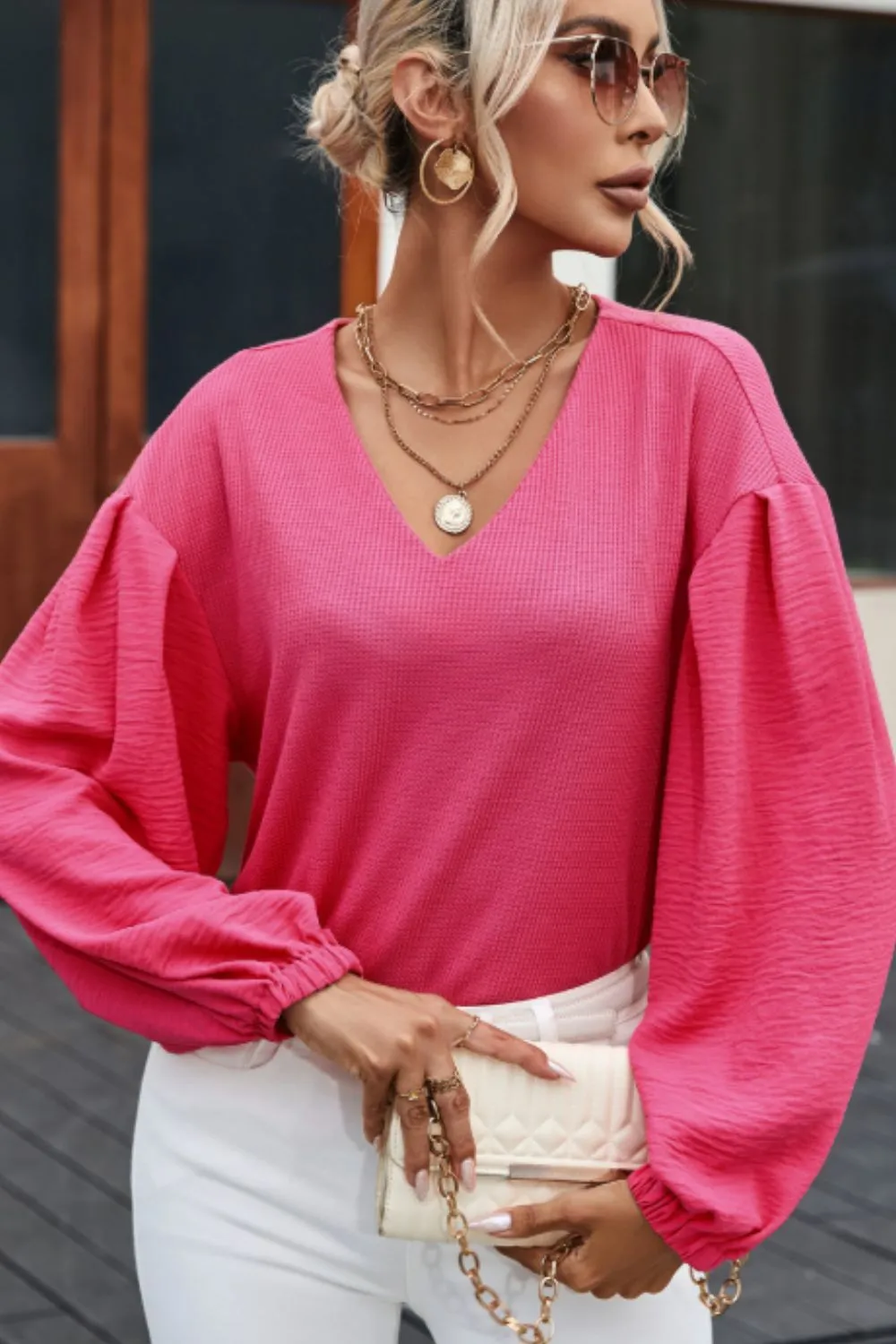 Waffle-Knit V-Neck Long Sleeve Blouse sold by Charming Charlie product image thumbnail 2