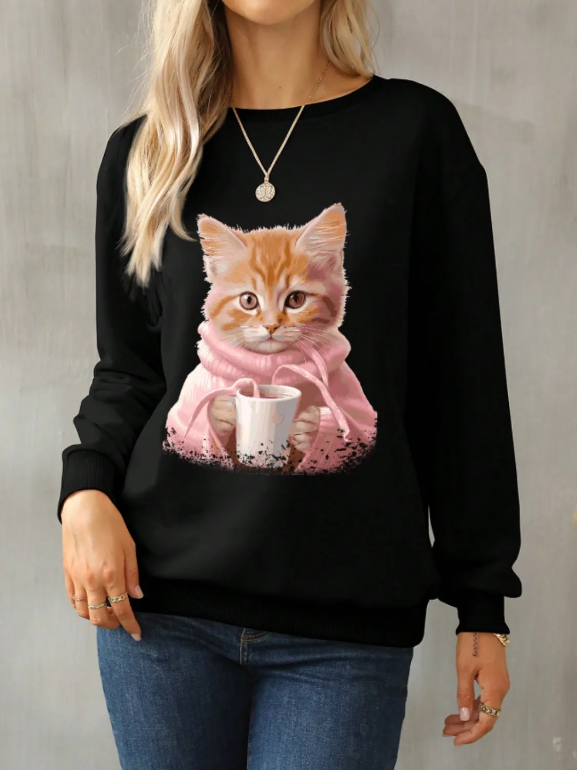 Cat Round Neck Long Sleeve Sweatshirt sold by Charming Charlie
