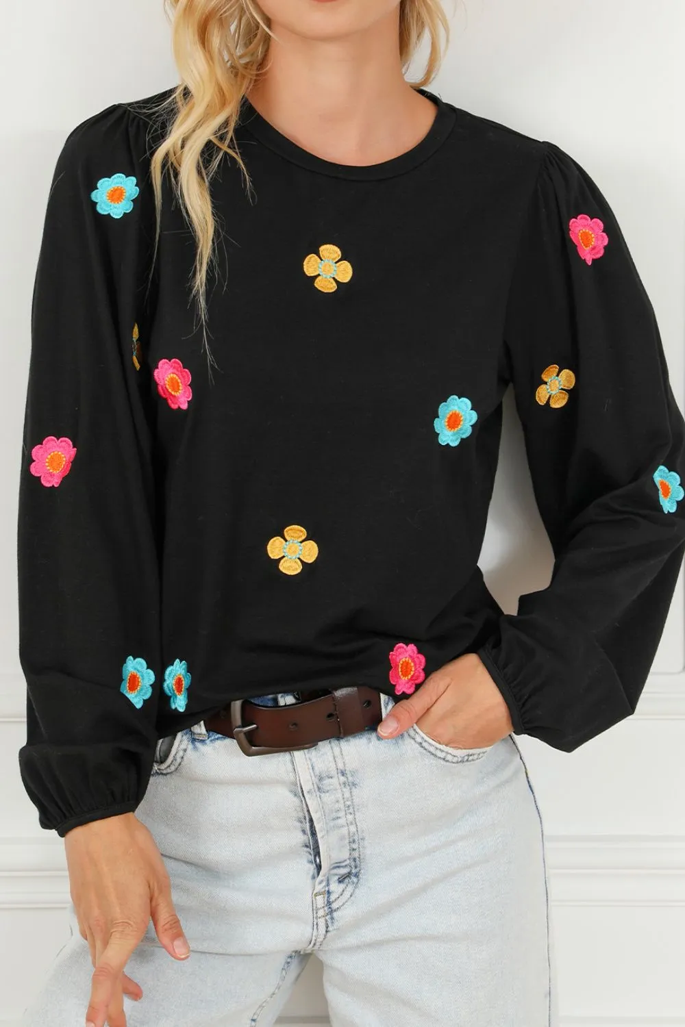 Flower Round Neck Long Sleeve Sweater sold by Charming Charlie
