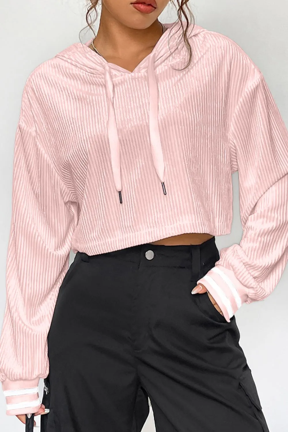 Drawstring Drop Shoulder Long Sleeve Hoodie sold by Charming Charlie