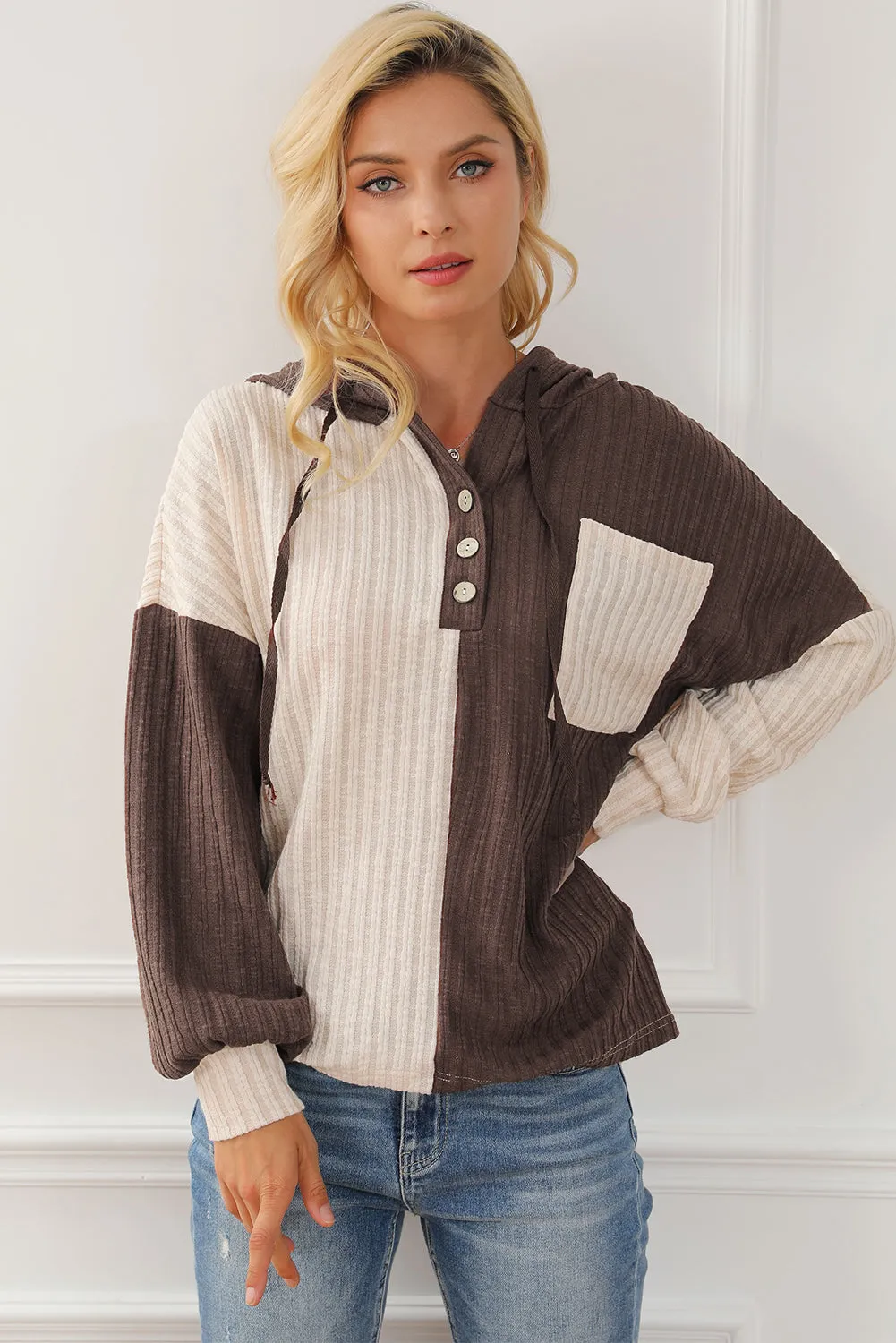 Color Block Quarter Button Long Sleeve Hoodie sold by Charming Charlie product image thumbnail 3