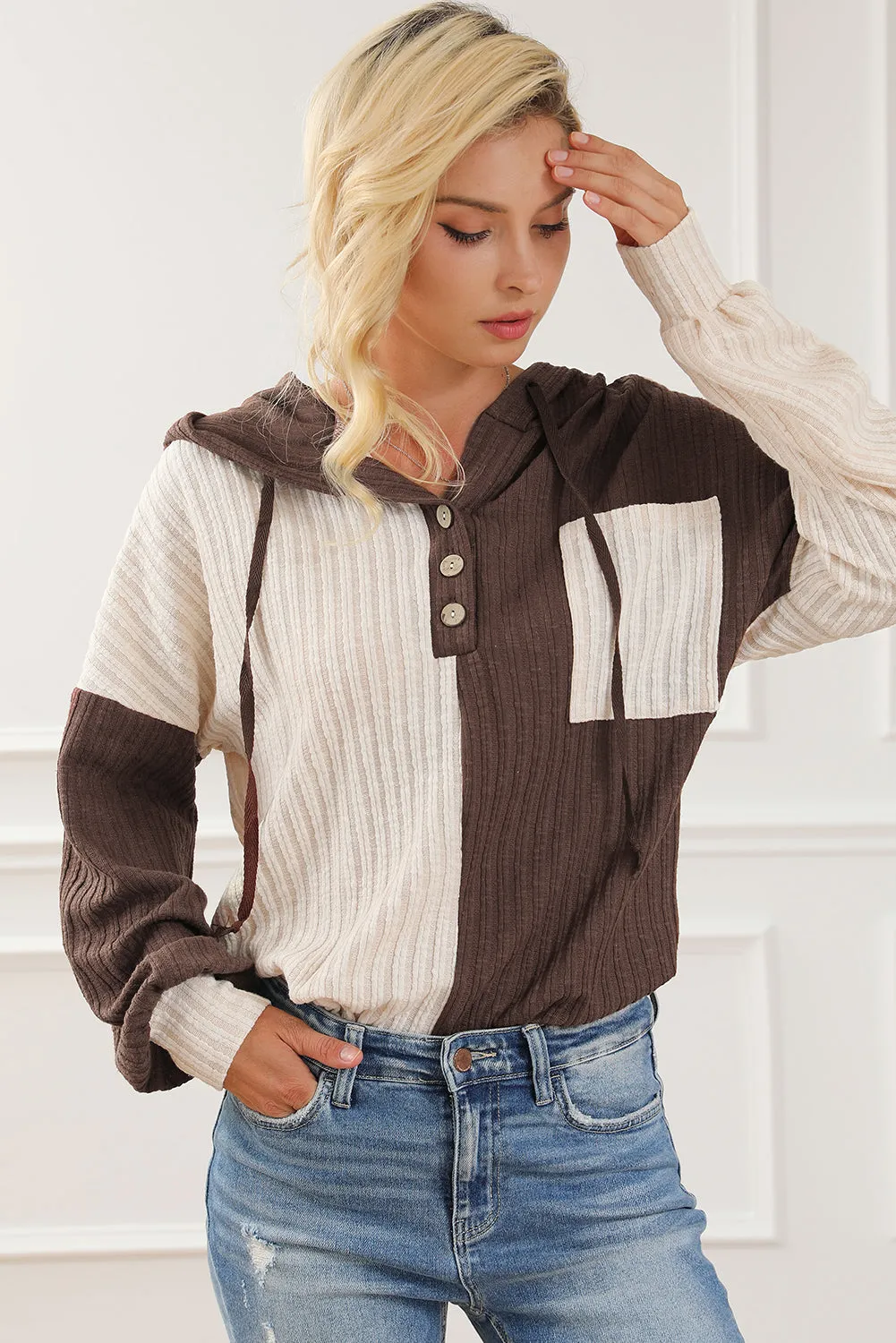 Color Block Quarter Button Long Sleeve Hoodie sold by Charming Charlie product image thumbnail 4