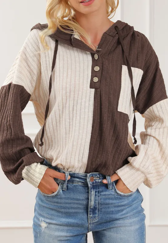 Color Block Quarter Button Long Sleeve Hoodie sold by Charming Charlie