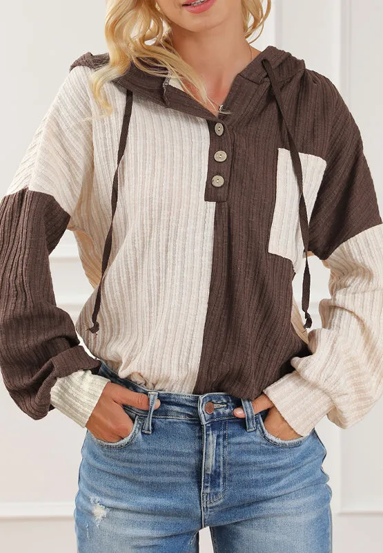 Color Block Quarter Button Long Sleeve Hoodie sold by Charming Charlie