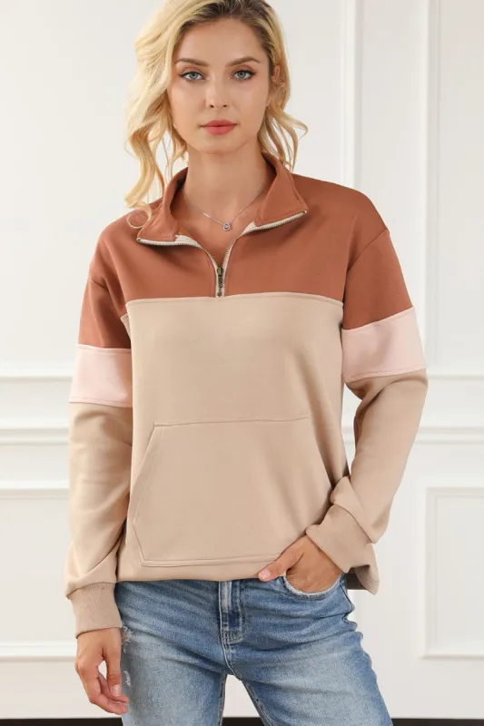 Color Block Quarter Zip Long Sleeve Sweatshirt sold by Charming Charlie
