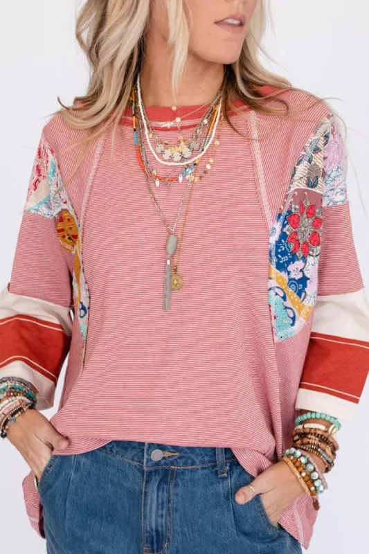 Striped Floral Patchwork Round Neck Top sold by Charming Charlie