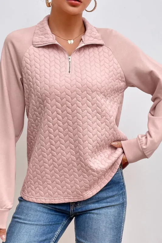 Textured Quarter Zip Long Sleeve Sweatshirt sold by Charming Charlie