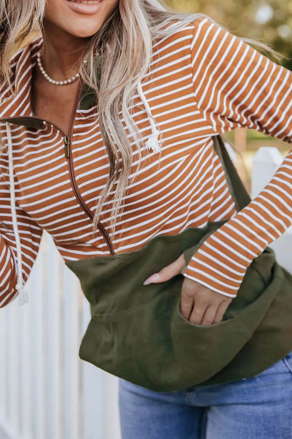 Drawstring Stripe Half Zip Long Sleeve Hoodie sold by Charming Charlie product image thumbnail 3