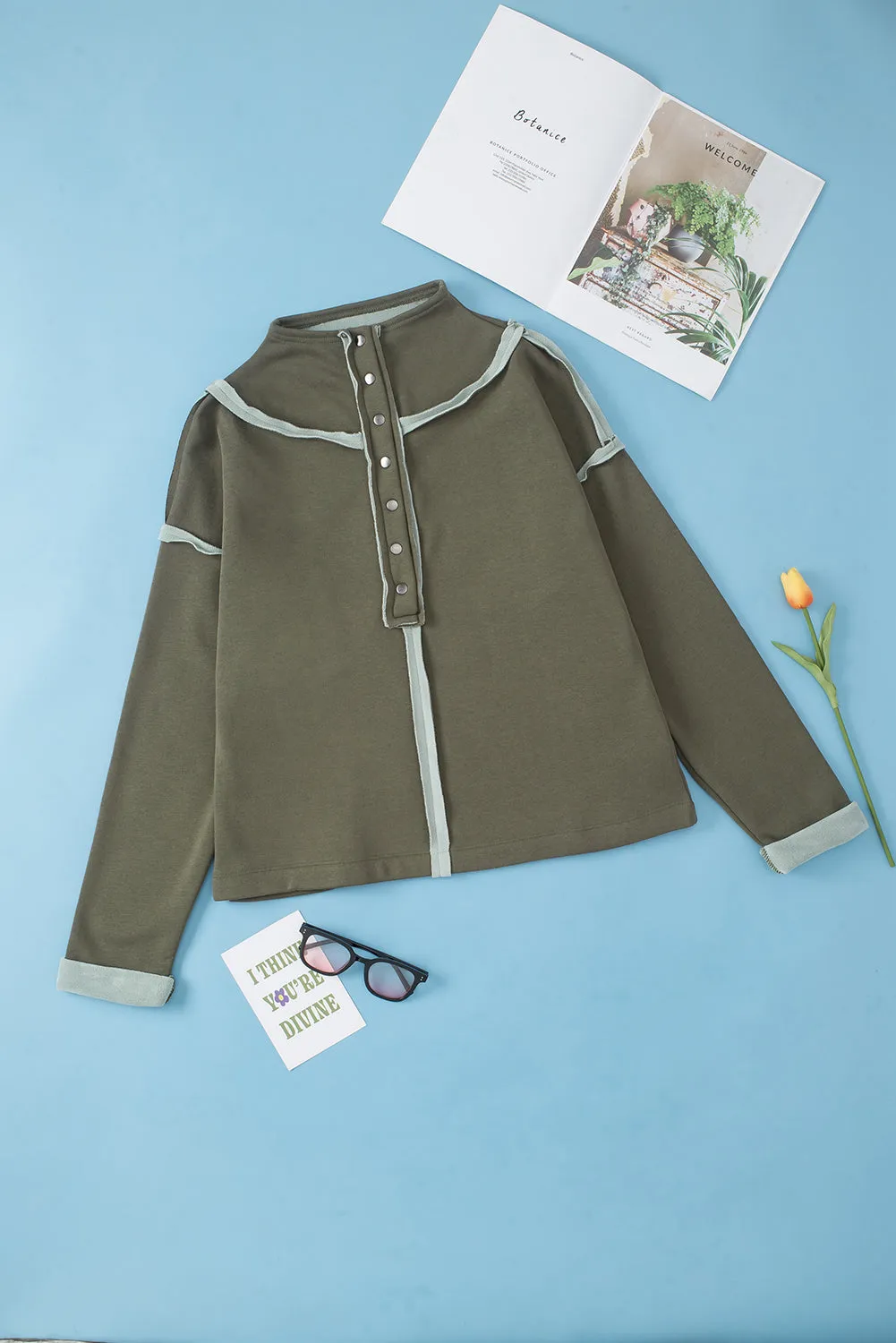 Exposed Seam Half Snap Long Sleeve Sweatshirt sold by Charming Charlie product image thumbnail 4