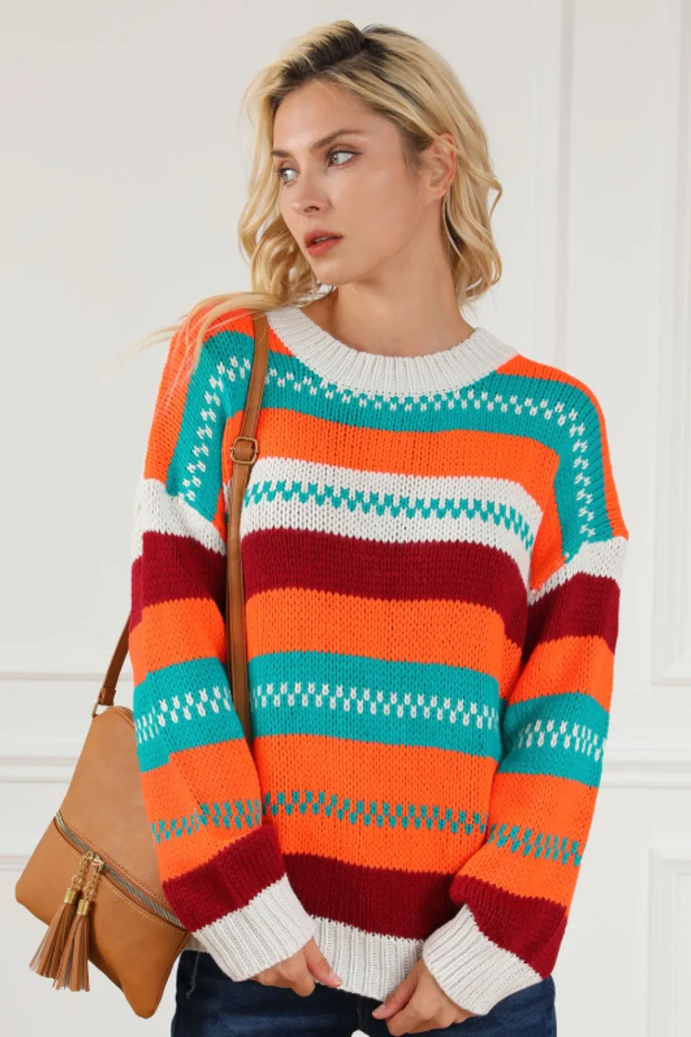 Contrast Striped Round Neck Long Sleeve Sweater sold by Charming Charlie product image thumbnail 5