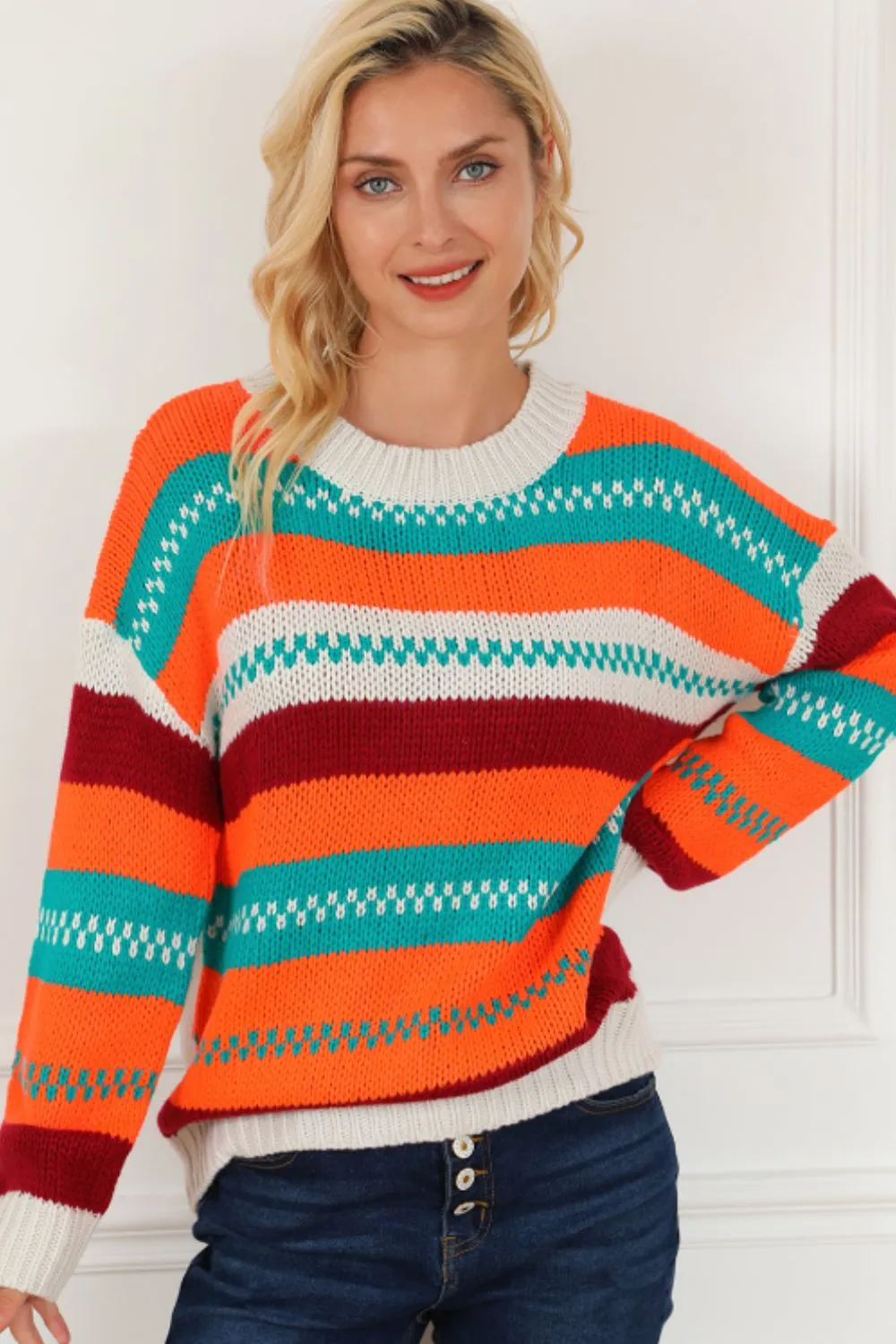 Contrast Striped Round Neck Long Sleeve Sweater sold by Charming Charlie product image thumbnail 3