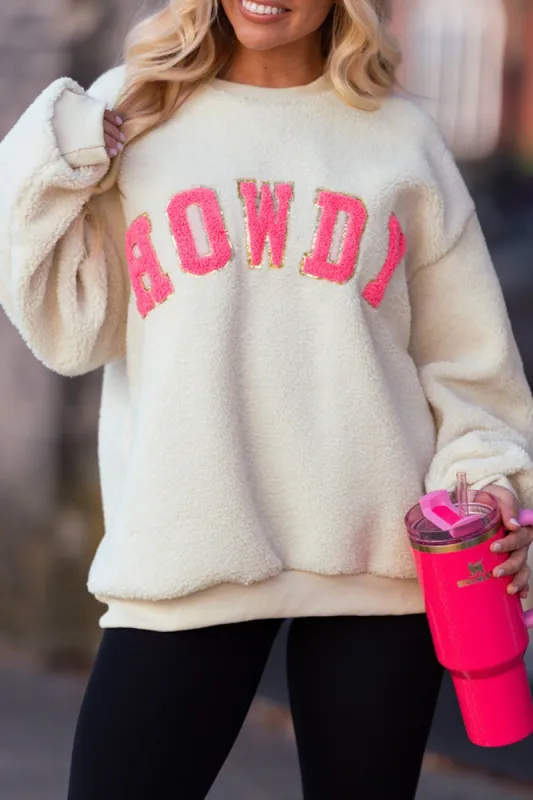 HOWDY Patched Round Neck Sherpa Sweatshirt sold by Charming Charlie