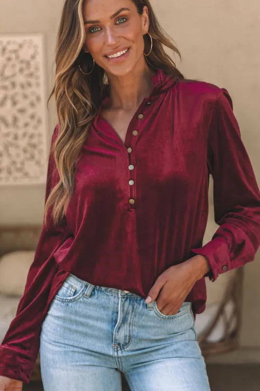 Frill Half Button Mock Neck Long Sleeve Blouse sold by Charming Charlie