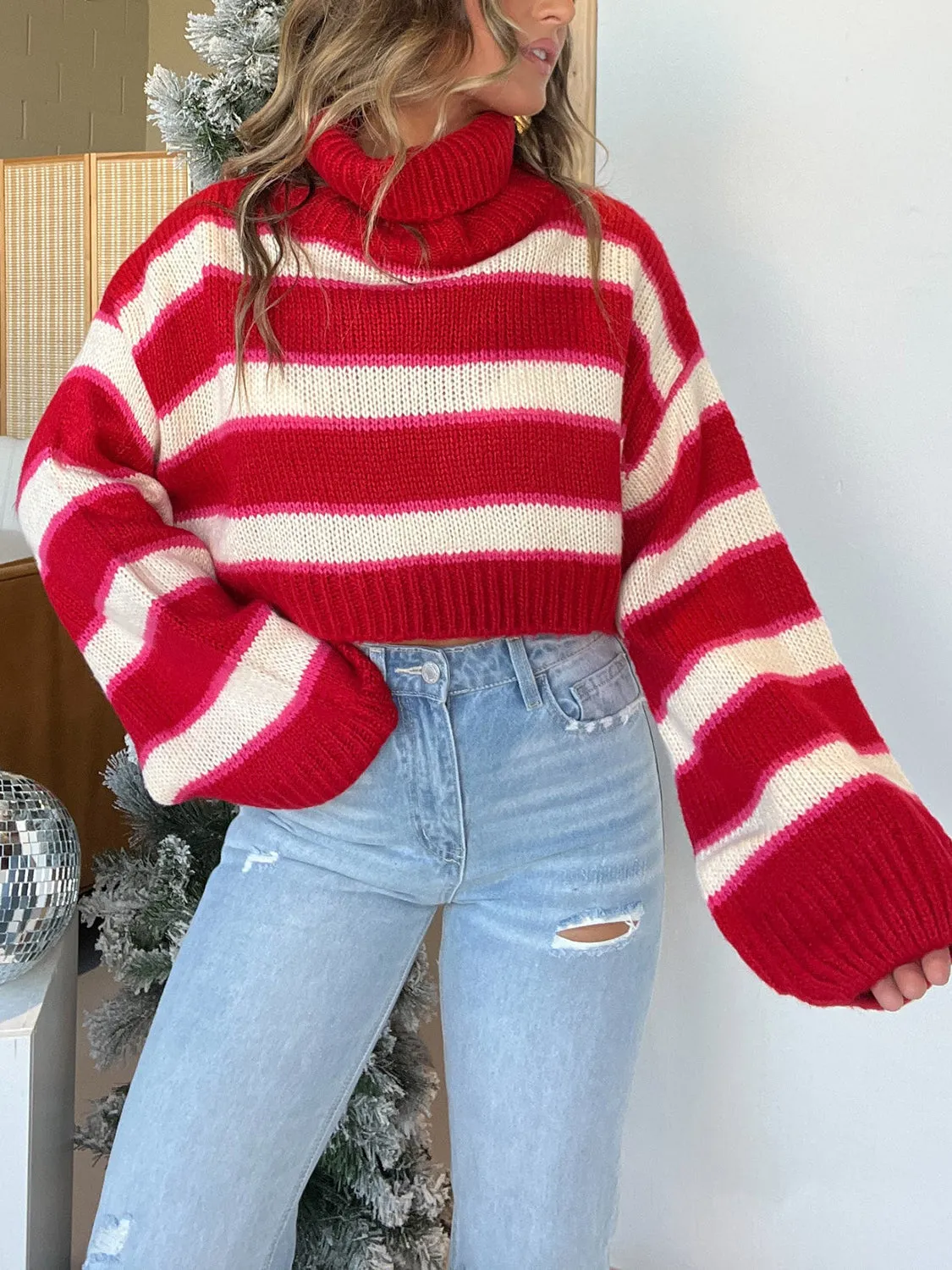 Striped Turtleneck Long Sleeve Cropped Sweater sold by Charming Charlie