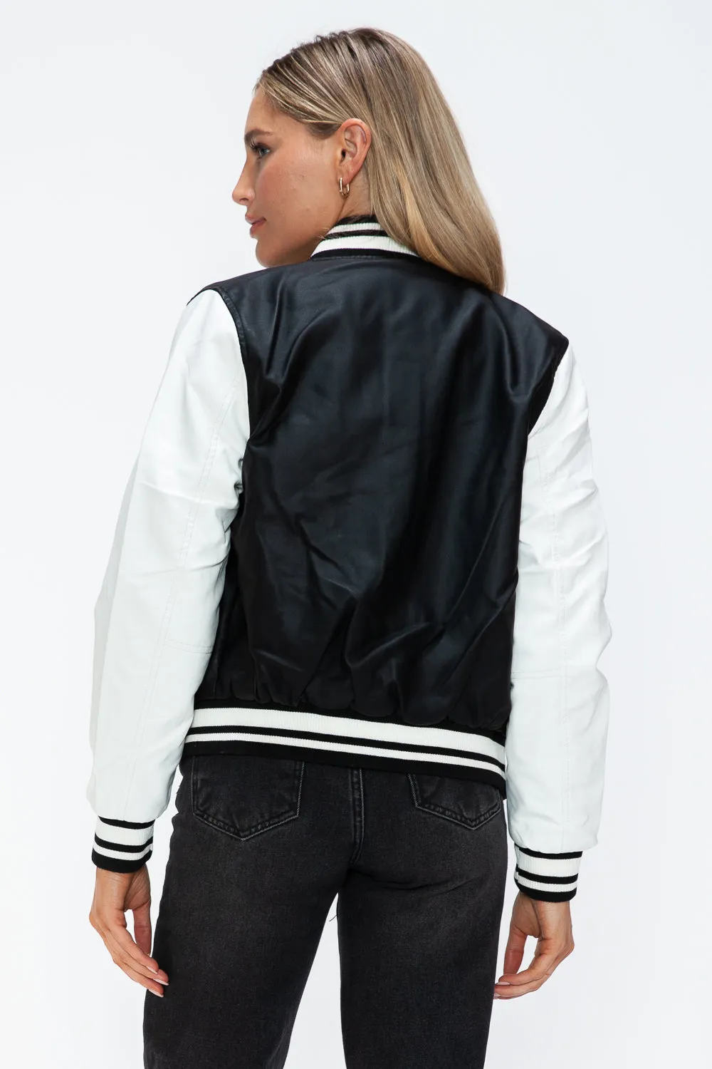 Love Me Now PU Leather Contrast Snap Down Bomber Jacket sold by Charming Charlie product image thumbnail 2