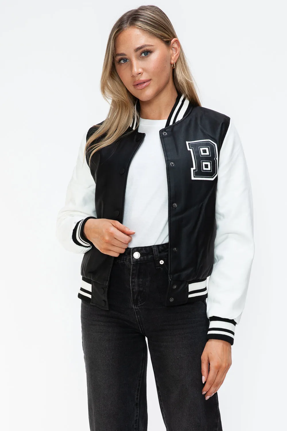 Love Me Now PU Leather Contrast Snap Down Bomber Jacket sold by Charming Charlie product image thumbnail 3