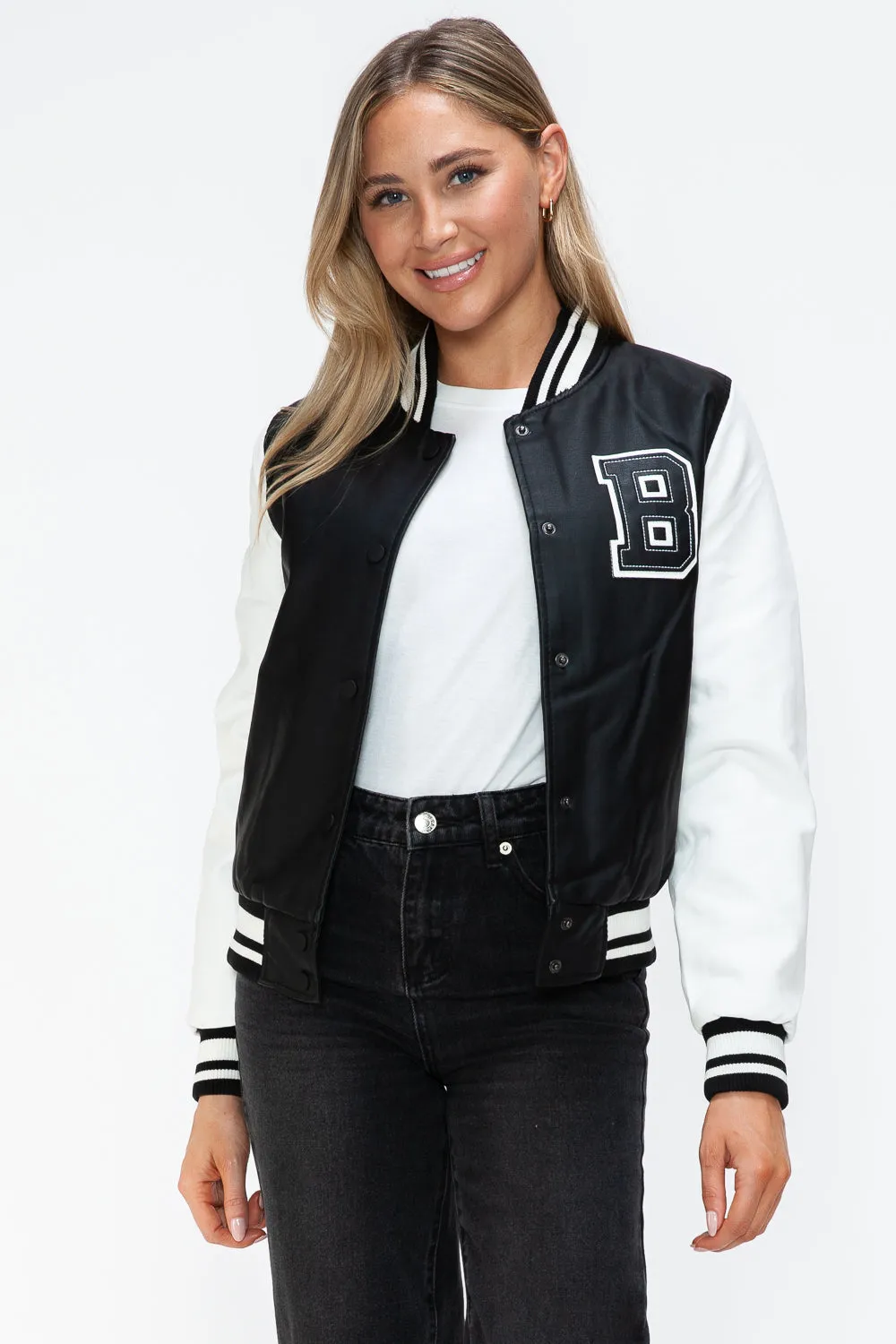 Love Me Now PU Leather Contrast Snap Down Bomber Jacket sold by Charming Charlie product image thumbnail 4