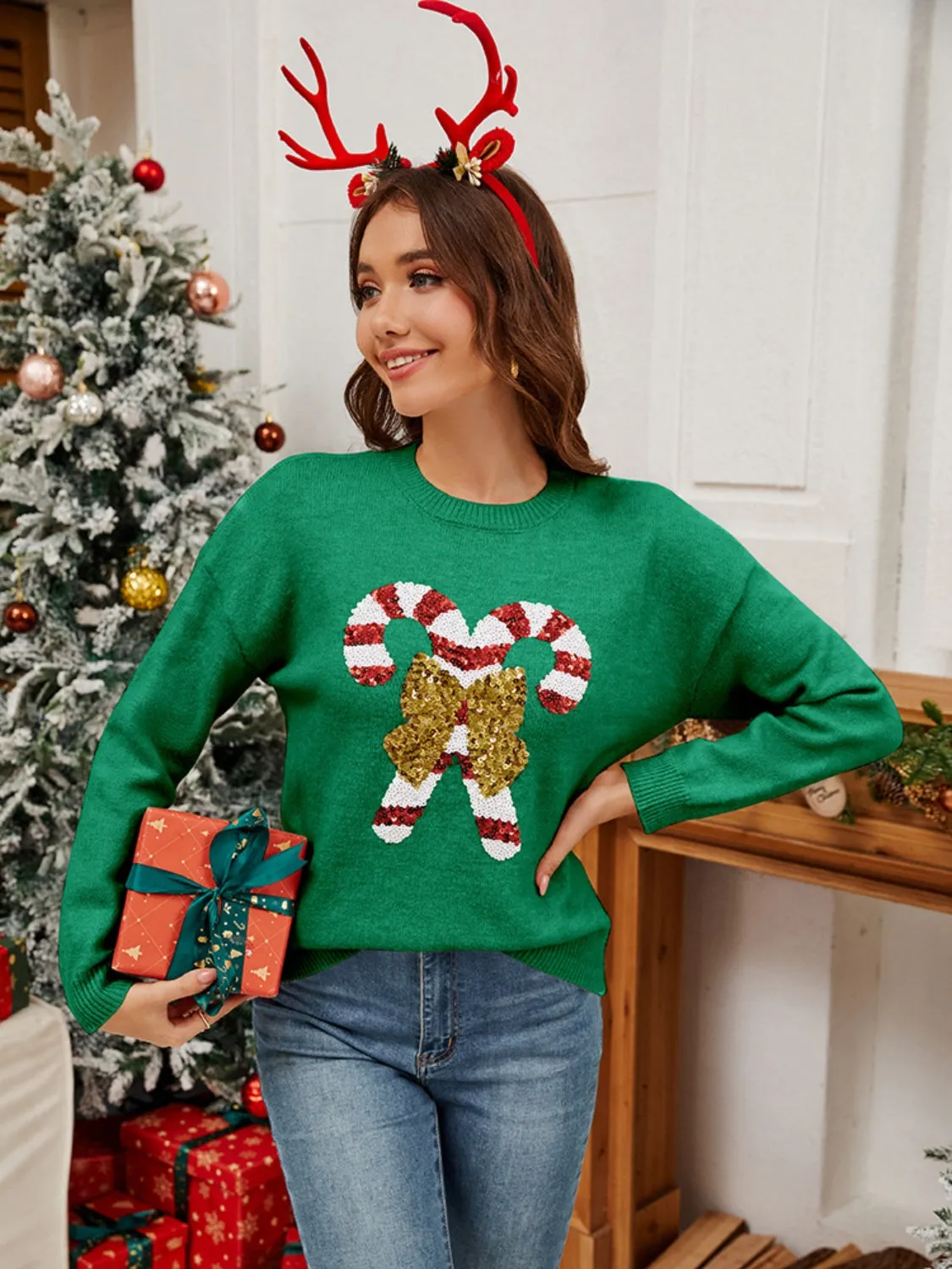 Sequin Candy Cane Round Neck Long Sleeve Sweater sold by Charming Charlie product image thumbnail 5