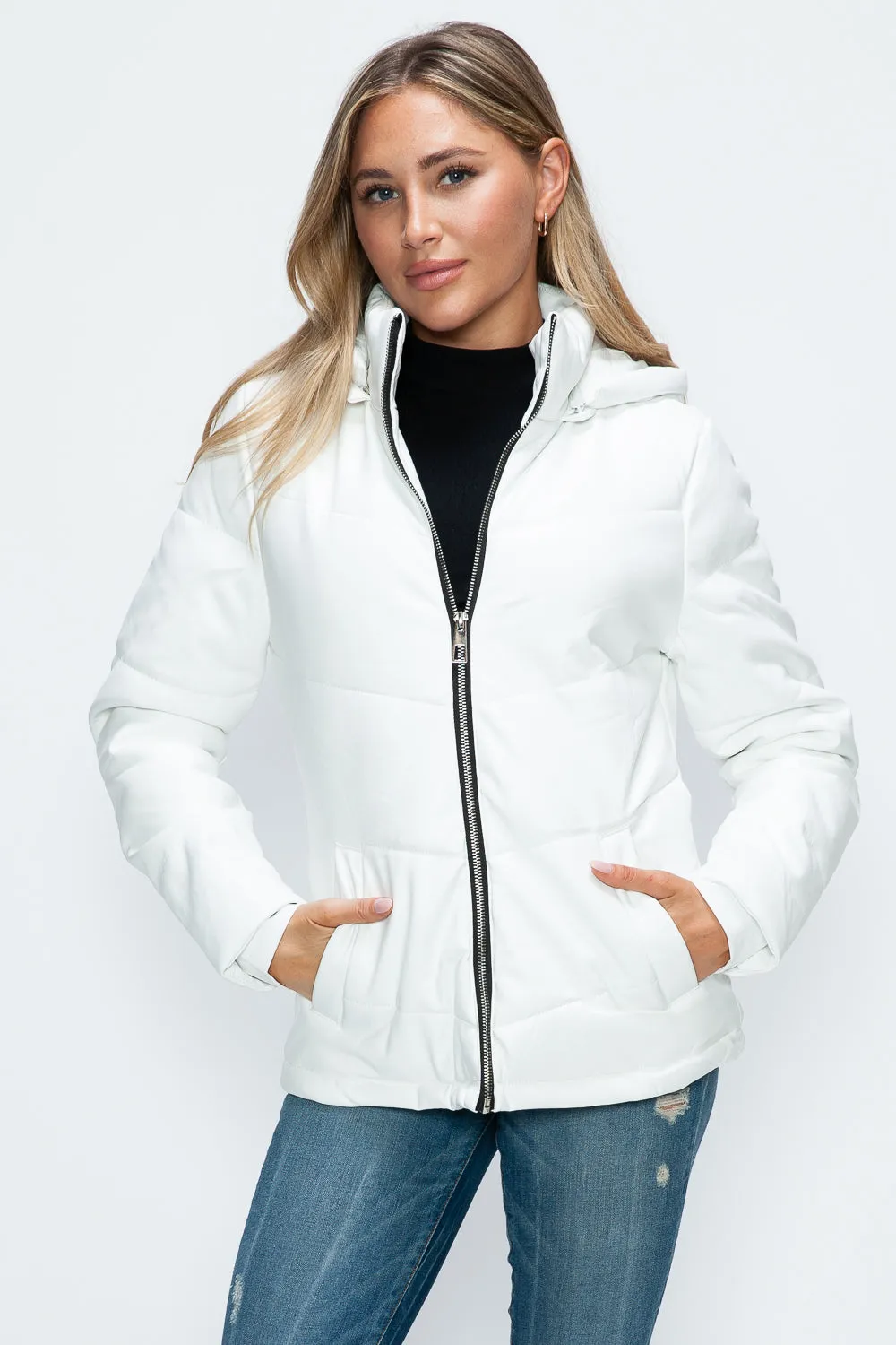 How Dare U Pocketed Zip Up Puffer Jacket with Removable Hood sold by Charming Charlie