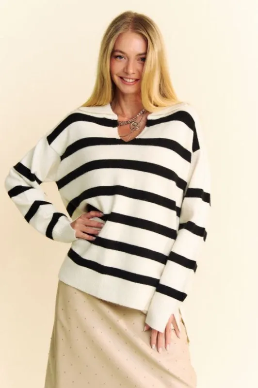 Davi & Dani High-Low Side Slit Striped Johnny Collar Sweater sold by Charming Charlie