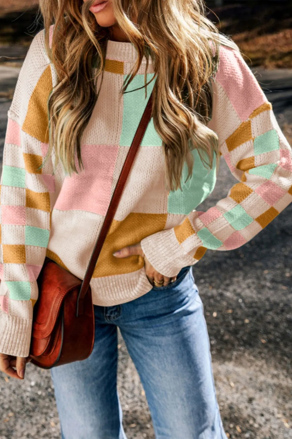 Checkered Round Neck Drop Shoulder Sweater sold by Charming Charlie