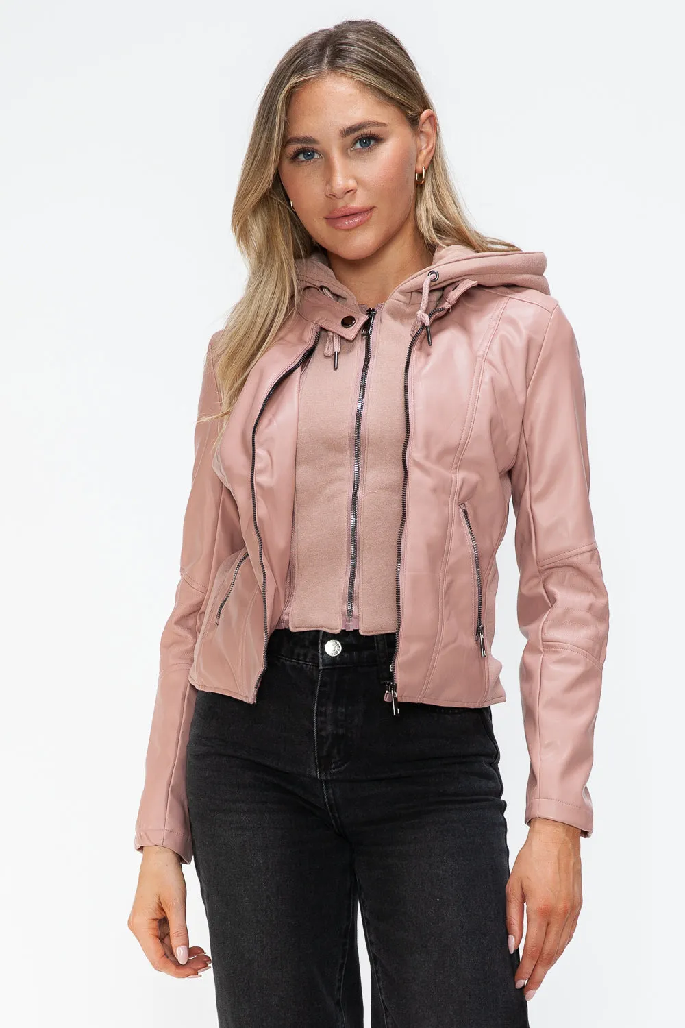 Snobbish Faux Leather Zip Up Drawstring Hooded Jacket sold by Charming Charlie