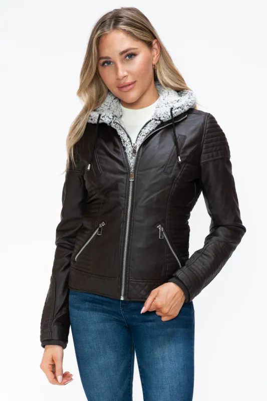 YMI Faux Layered Double-Zipper Jacket with Fuzzy Hood sold by Charming Charlie