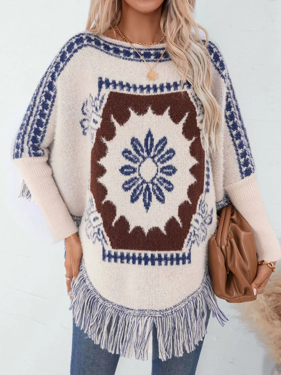 Fringe Geometric Long Sleeve Poncho sold by Charming Charlie product image thumbnail 3