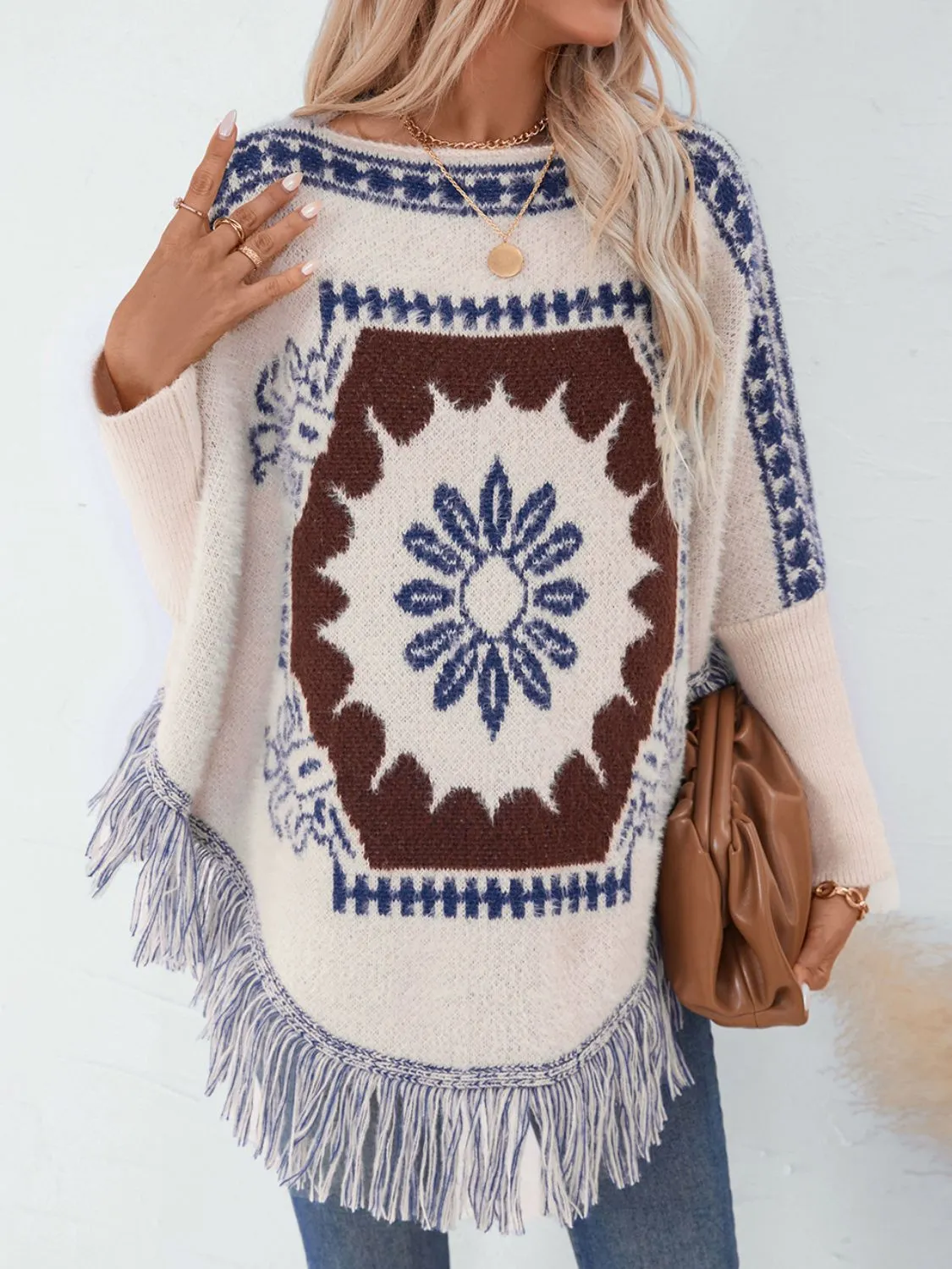 Fringe Geometric Long Sleeve Poncho sold by Charming Charlie product image thumbnail 4