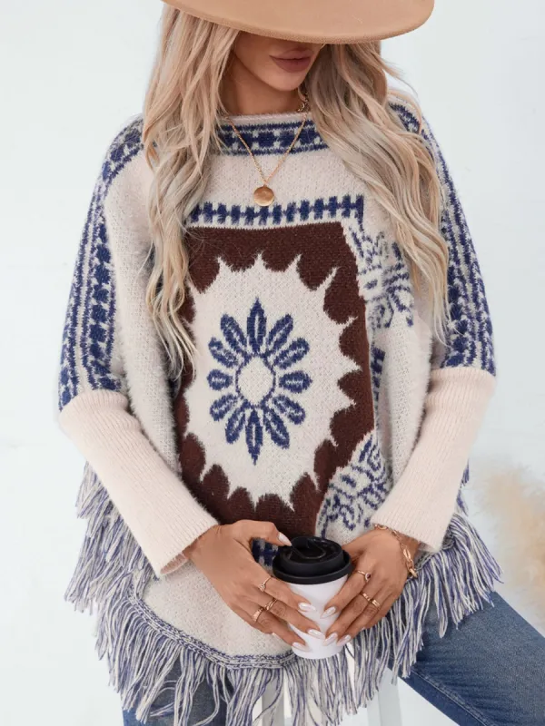 Fringe Geometric Long Sleeve Poncho sold by Charming Charlie