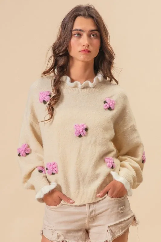 BiBi Ruffled Crochet Flower Dropped Shoulder Sweater sold by Charming Charlie