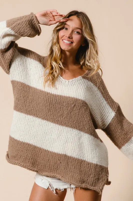 BiBi Slit Striped V-Neck Dropped Shoulder Sweater sold by Charming Charlie