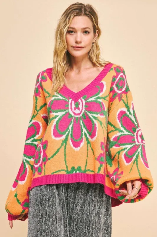 Davi & Dani Floral Contrast V-Neck Dropped Shoulder Sweater sold by Charming Charlie