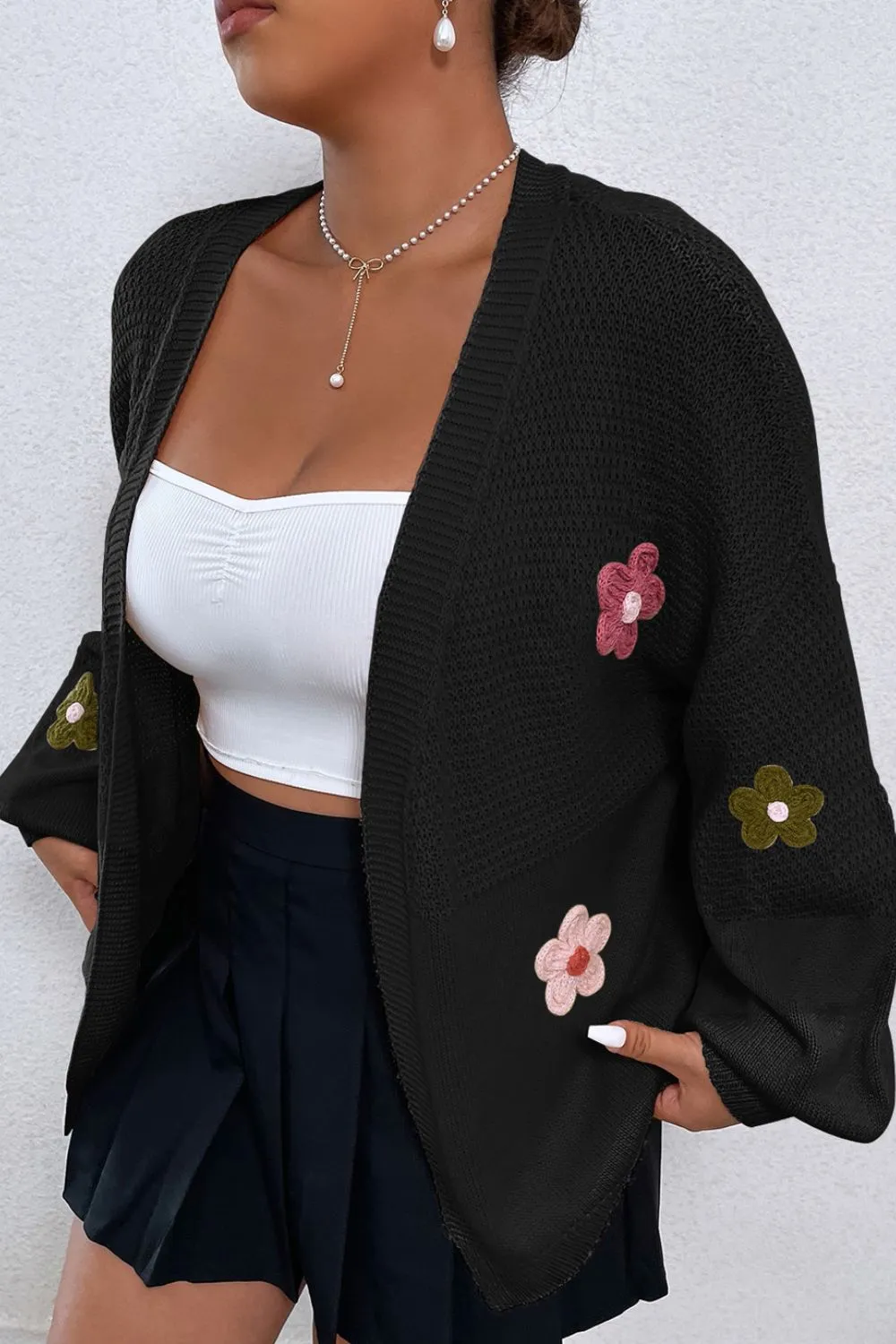 Floral Applique Drop Shoulder Open Front Cardigan sold by Charming Charlie product image thumbnail 4