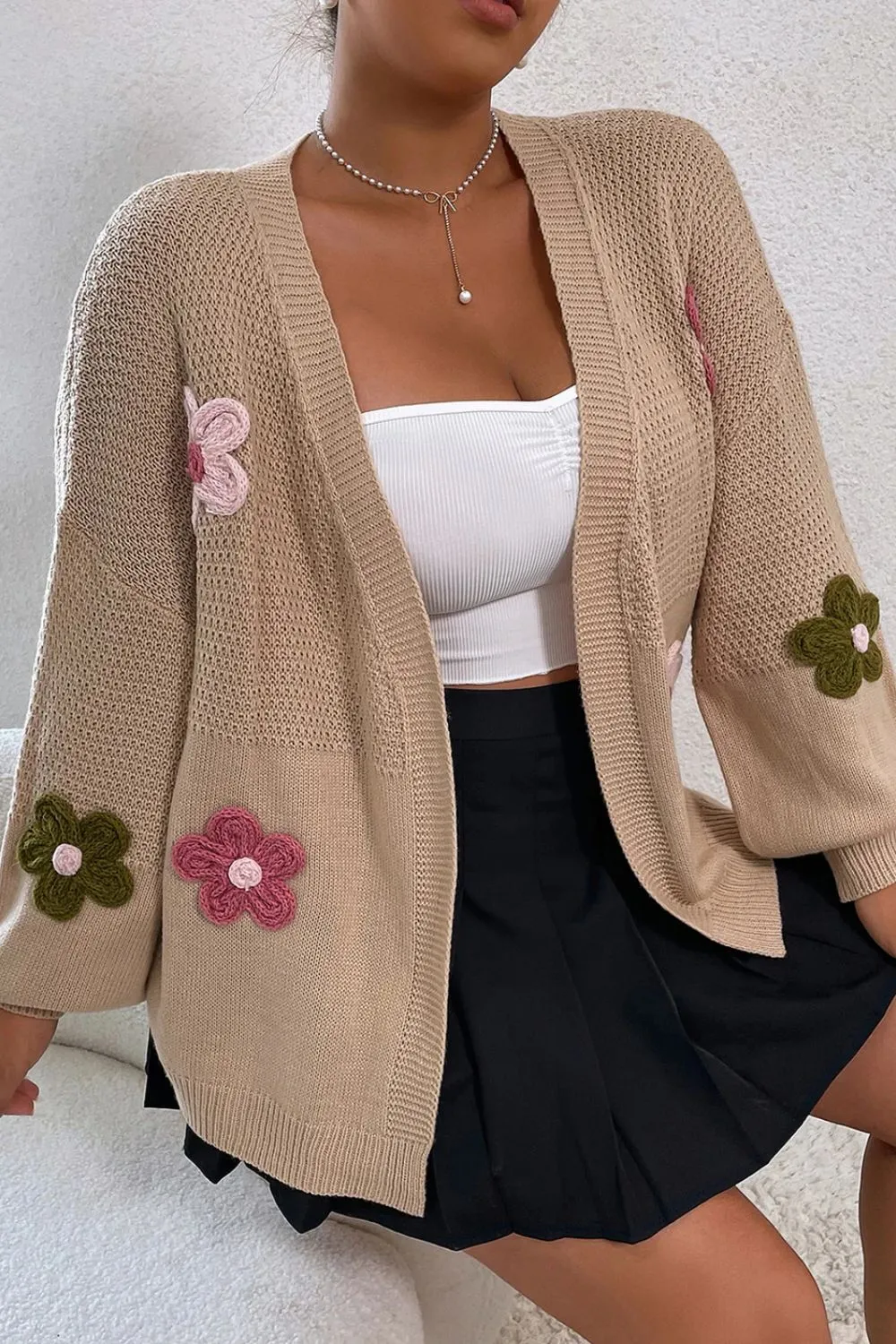 Floral Applique Drop Shoulder Open Front Cardigan sold by Charming Charlie