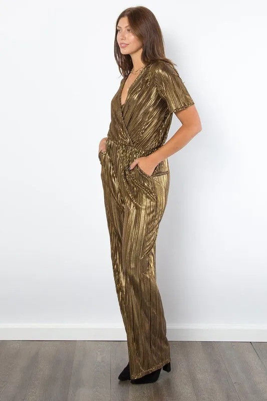 Be Stage Surplice Short Sleeve Pleated Foil Jumpsuit sold by Charming Charlie product image thumbnail 3