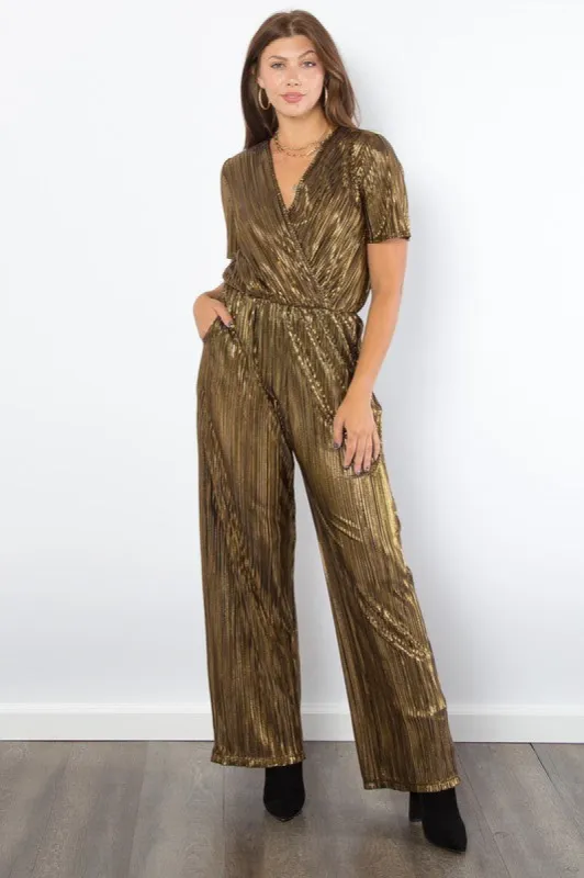 Be Stage Surplice Short Sleeve Pleated Foil Jumpsuit sold by Charming Charlie