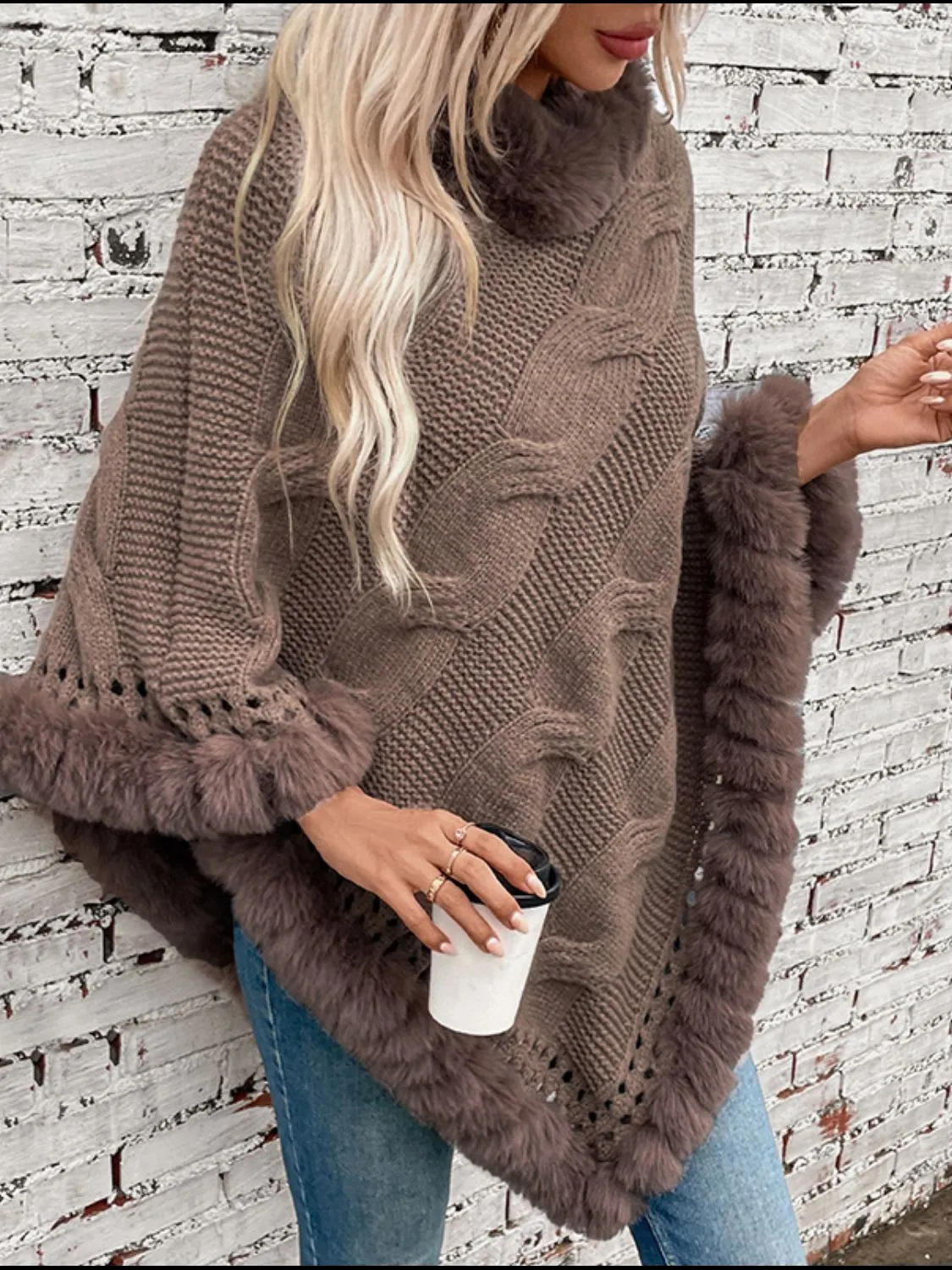 Fuzzy Hem Cable-Knit Poncho sold by Charming Charlie product image thumbnail 4