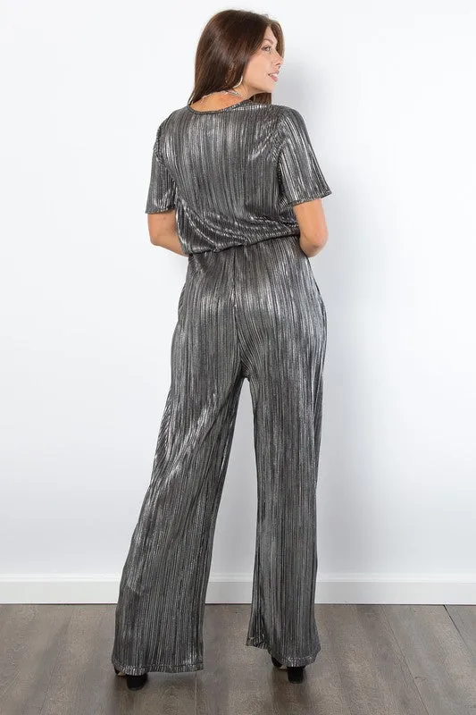 Be Stage Surplice Short Sleeve Pleated Foil Jumpsuit sold by Charming Charlie product image thumbnail 2