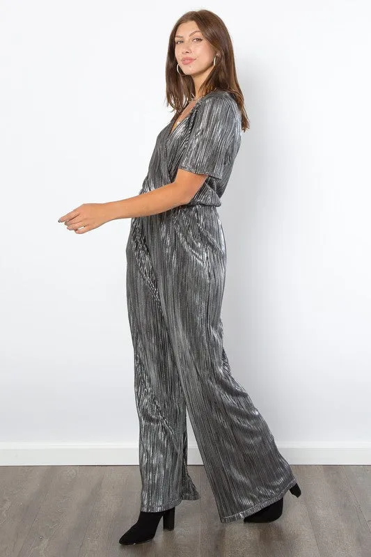 Be Stage Surplice Short Sleeve Pleated Foil Jumpsuit sold by Charming Charlie product image thumbnail 3