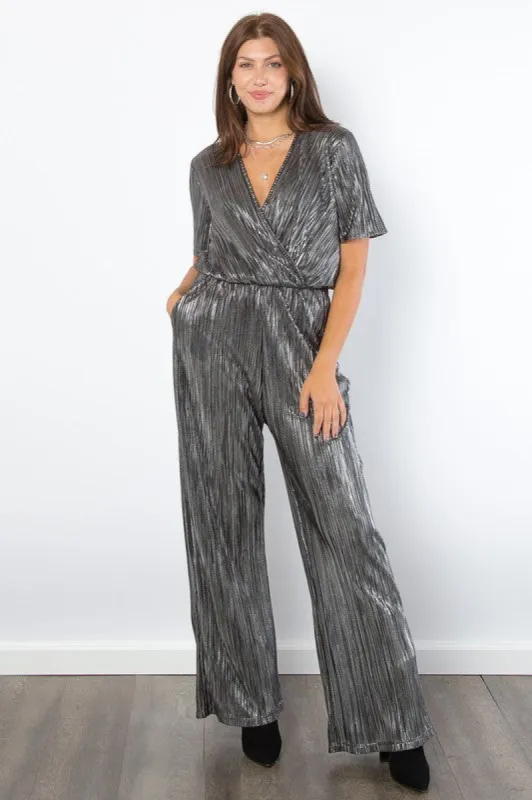 Be Stage Surplice Short Sleeve Pleated Foil Jumpsuit sold by Charming Charlie
